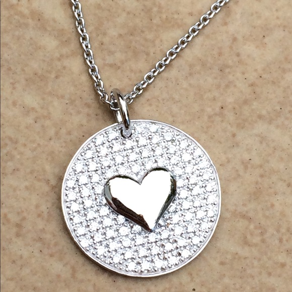 Rhodium Plated Round CZ Raised Heart Pendant - Picture 1 of 2